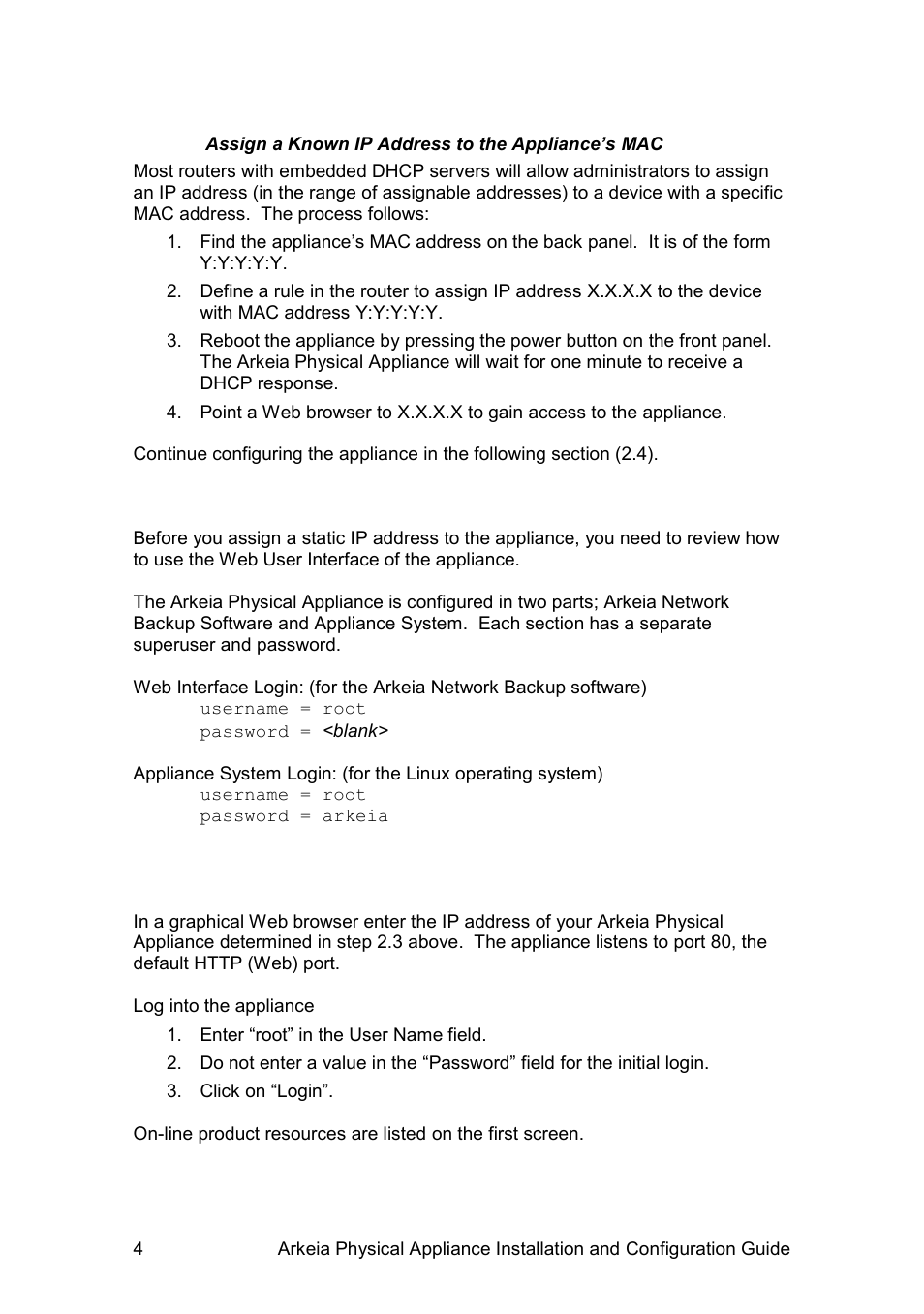 Ppliance, Efault, Asswords | Nterface | Western Digital WD Arkeia R620 Installation and Configuration Guide User Manual | Page 10 / 35