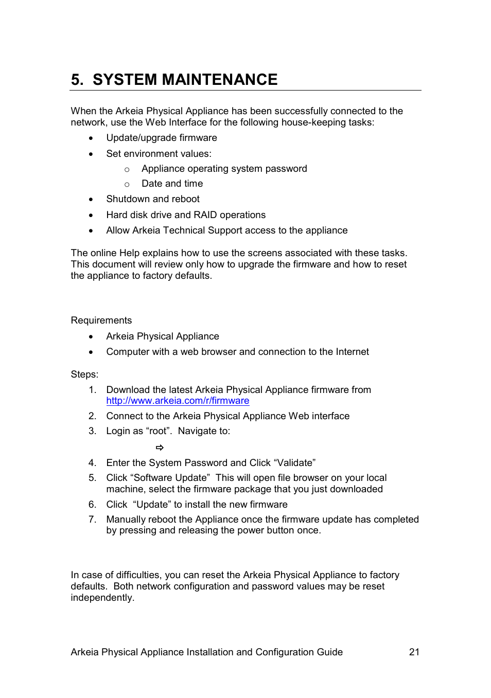 System maintenance, Pgrading the, Irmware | Actory, Esets | Western Digital WD Arkeia R620 Installation and Configuration Guide User Manual | Page 27 / 35