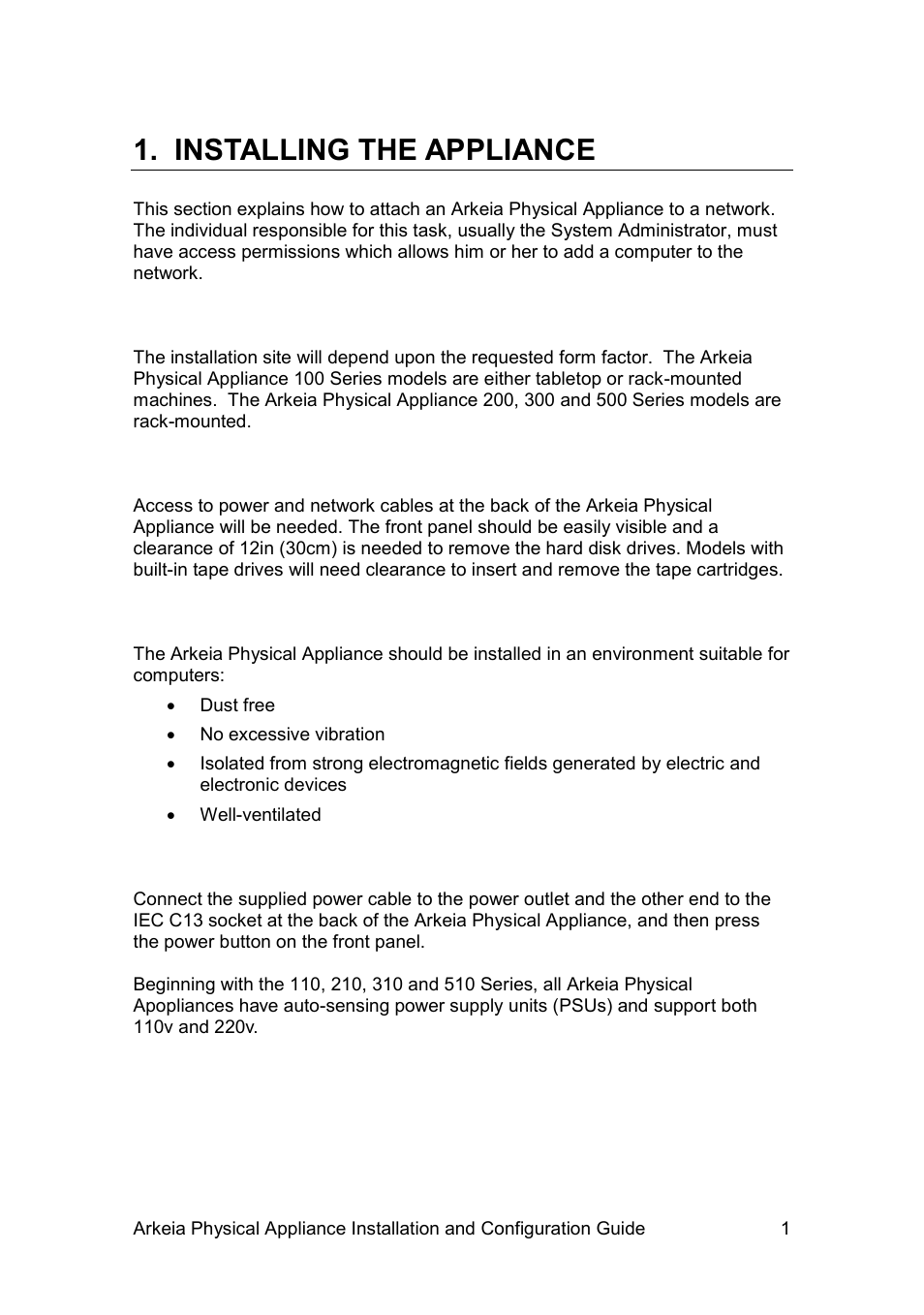 Installing the appliance, Elect a, Learance | Nvironment, Onnect to, Ower | Western Digital WD Arkeia R620 Installation and Configuration Guide User Manual | Page 7 / 35