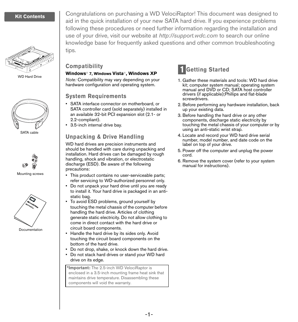 Compatibility, System requirements, Unpacking & drive handling | Getting started, Power off the computer and unplug the power cord | Western Digital WD VelociRaptor User Manual User Manual | Page 3 / 7