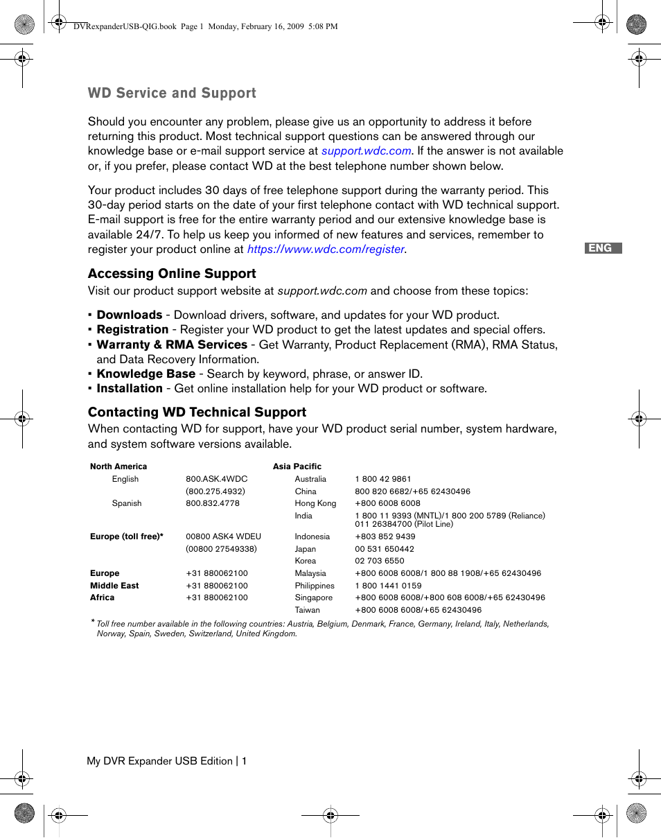 Wd service and support, Accessing online support, Contacting wd technical support | Western Digital My DVR Expander USB Edition Quick Install Guide User Manual | Page 2 / 9