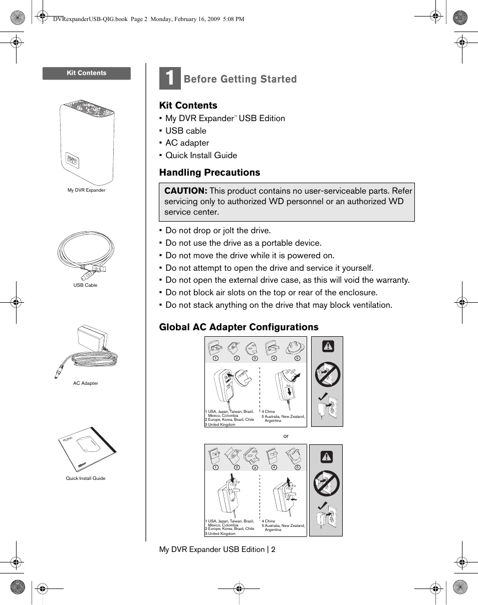 Before getting started, Kit contents, Handling precautions | Global ac adapter configurations, My dvr expander, My dvr expander usb edition | 2 | Western Digital My DVR Expander USB Edition Quick Install Guide User Manual | Page 3 / 9