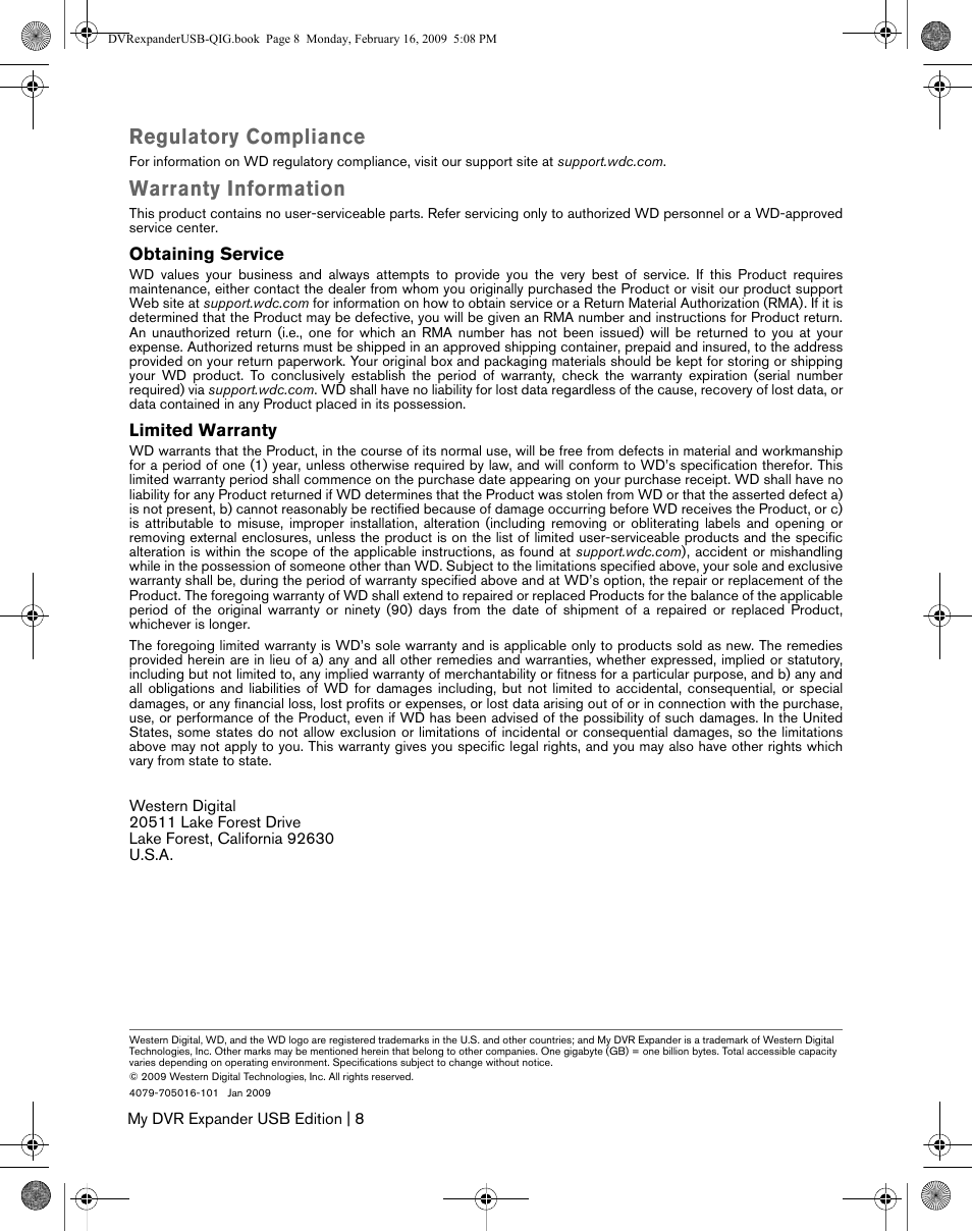 Regulatory compliance, Warranty information | Western Digital My DVR Expander USB Edition Quick Install Guide User Manual | Page 9 / 9