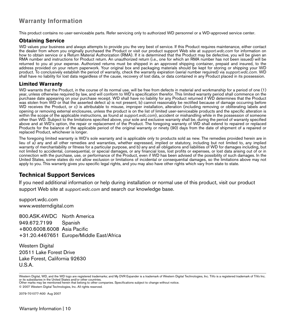 Warranty information | Western Digital My DVR Expander eSATA Edition Quick Install Guide User Manual | Page 11 / 11