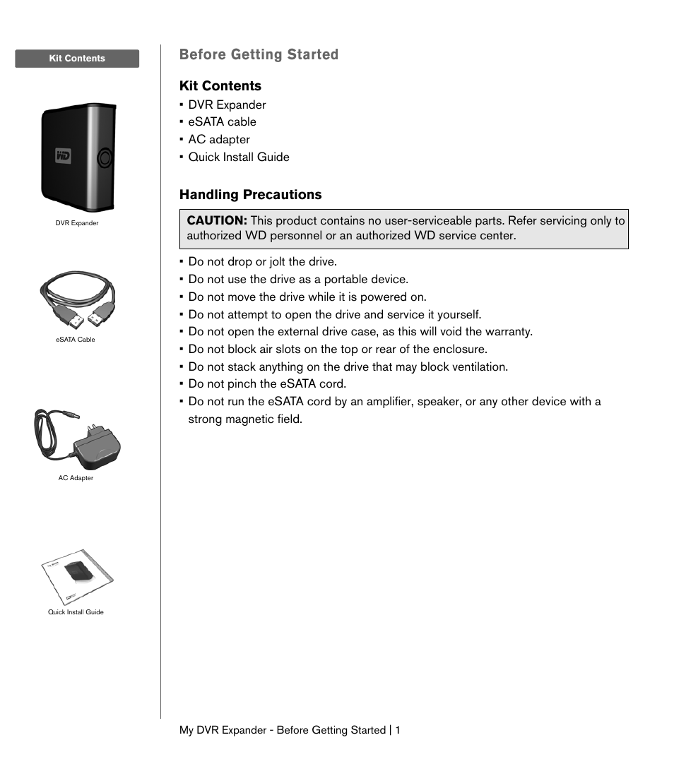 Before getting started, Kit contents, Handling precautions | Western Digital My DVR Expander eSATA Edition Quick Install Guide User Manual | Page 2 / 11