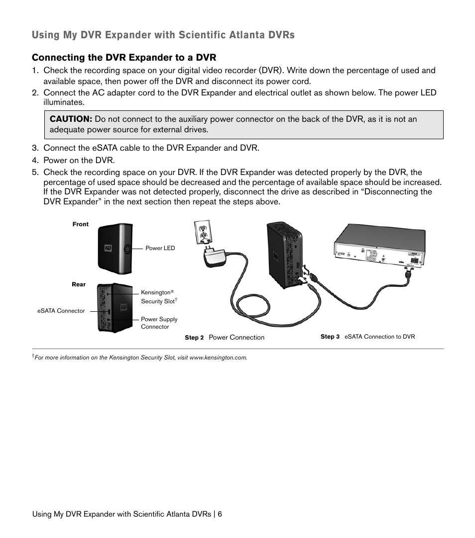 Scientific atanta dvrs and my dvr expander, Using my dvr expander with scientific atlanta dvrs, Connecting the dvr expander to a dvr | Western Digital My DVR Expander eSATA Edition Quick Install Guide User Manual | Page 7 / 11