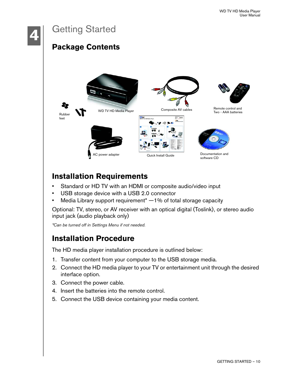 Getting started, Package contents, Installation requirements | Installation procedure, Package contents installation requirements | Western Digital WD TV HD Media Player (Gen 2) User Manual User Manual | Page 13 / 92