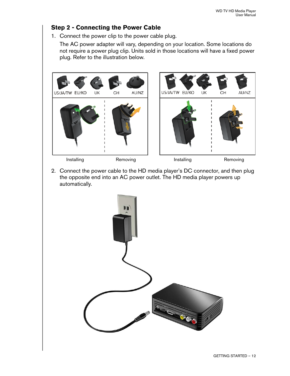 Step 2 - connecting the power cable | Western Digital WD TV HD Media Player (Gen 2) User Manual User Manual | Page 15 / 92