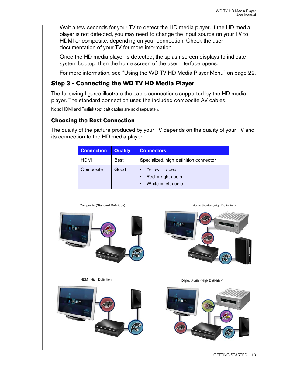 Step 3 - connecting the wd tv hd media player, Choosing the best connection | Western Digital WD TV HD Media Player (Gen 2) User Manual User Manual | Page 16 / 92