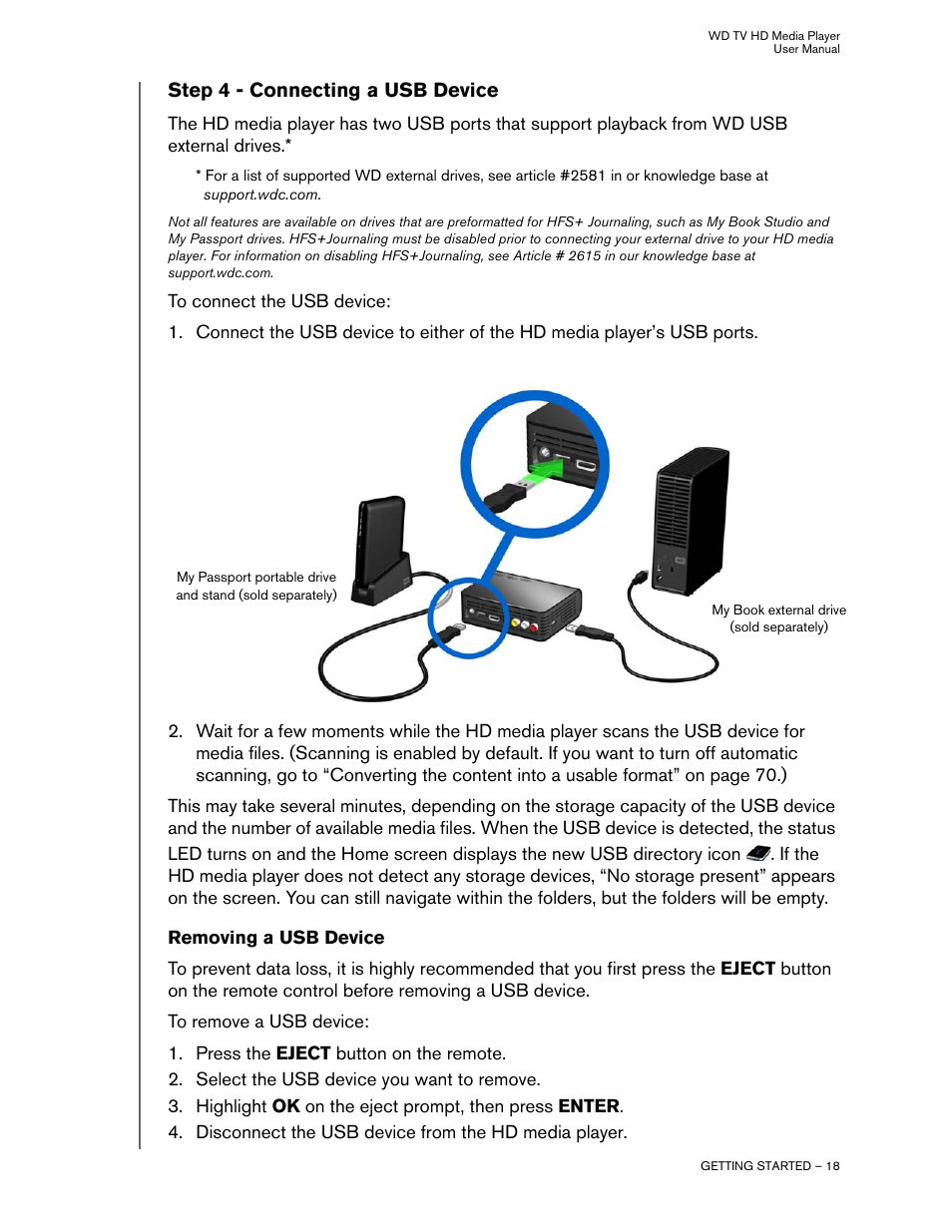 Step 4 - connecting a usb device, Removing a usb device | Western Digital WD TV HD Media Player (Gen 2) User Manual User Manual | Page 21 / 92
