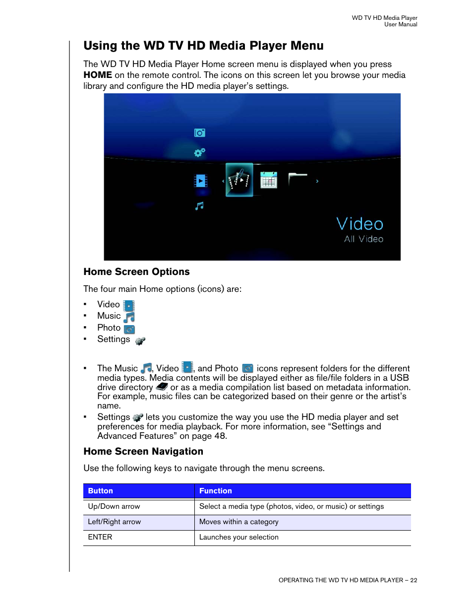 Using the wd tv hd media player menu, Home screen options, Home screen navigation | Western Digital WD TV HD Media Player (Gen 2) User Manual User Manual | Page 25 / 92