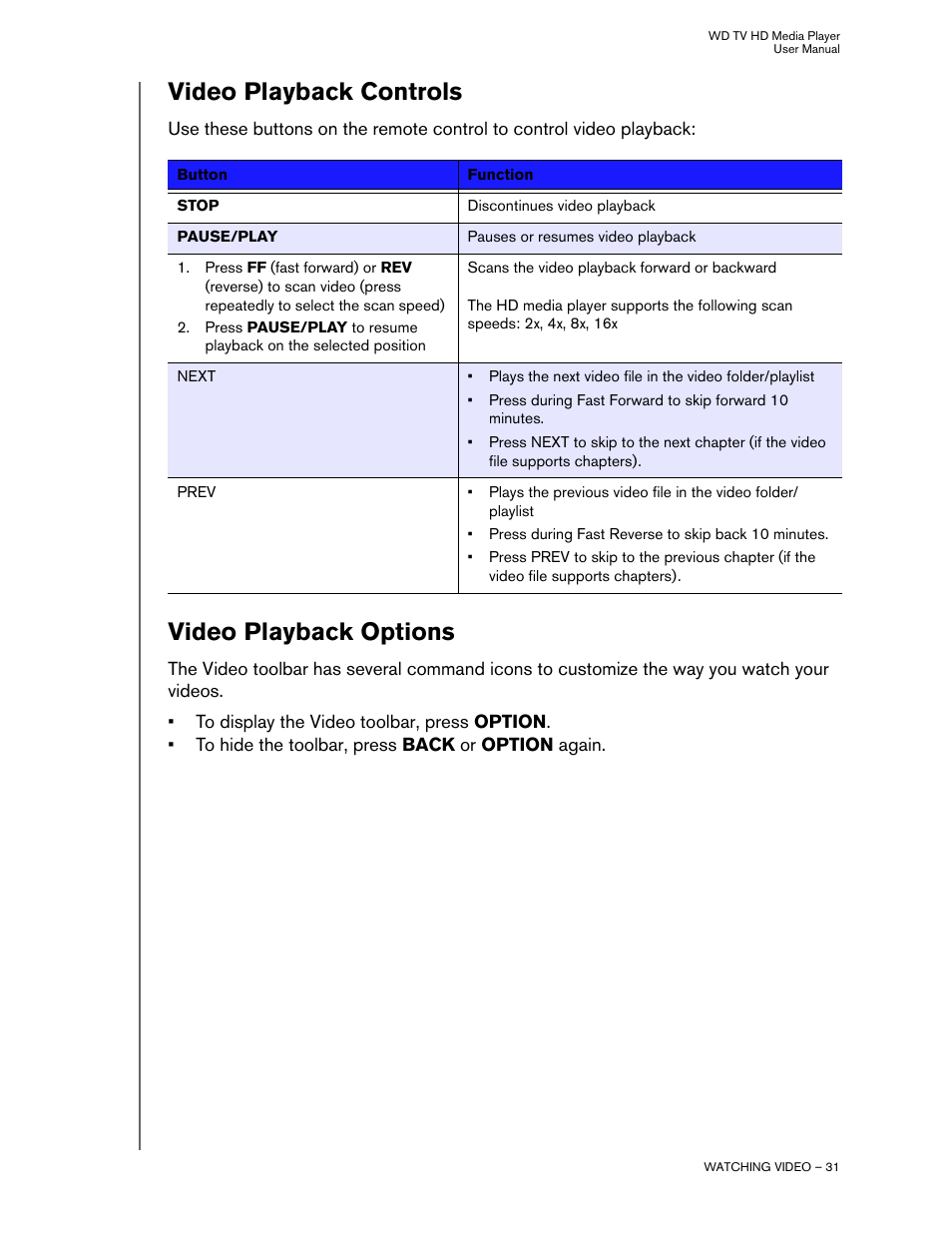 Video playback controls, Video playback options | Western Digital WD TV HD Media Player (Gen 2) User Manual User Manual | Page 34 / 92