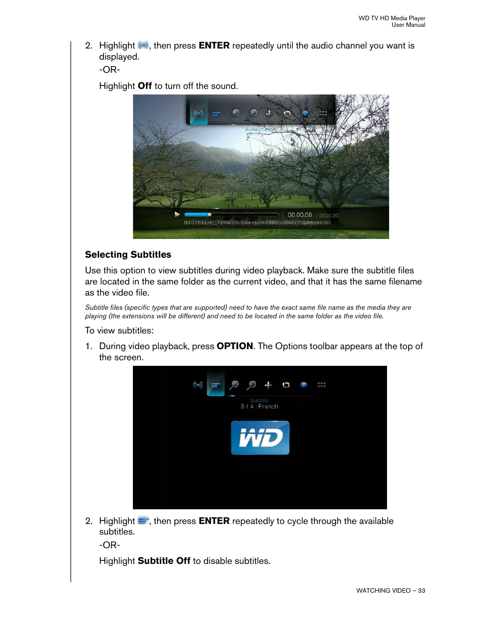 Selecting subtitles | Western Digital WD TV HD Media Player (Gen 2) User Manual User Manual | Page 36 / 92