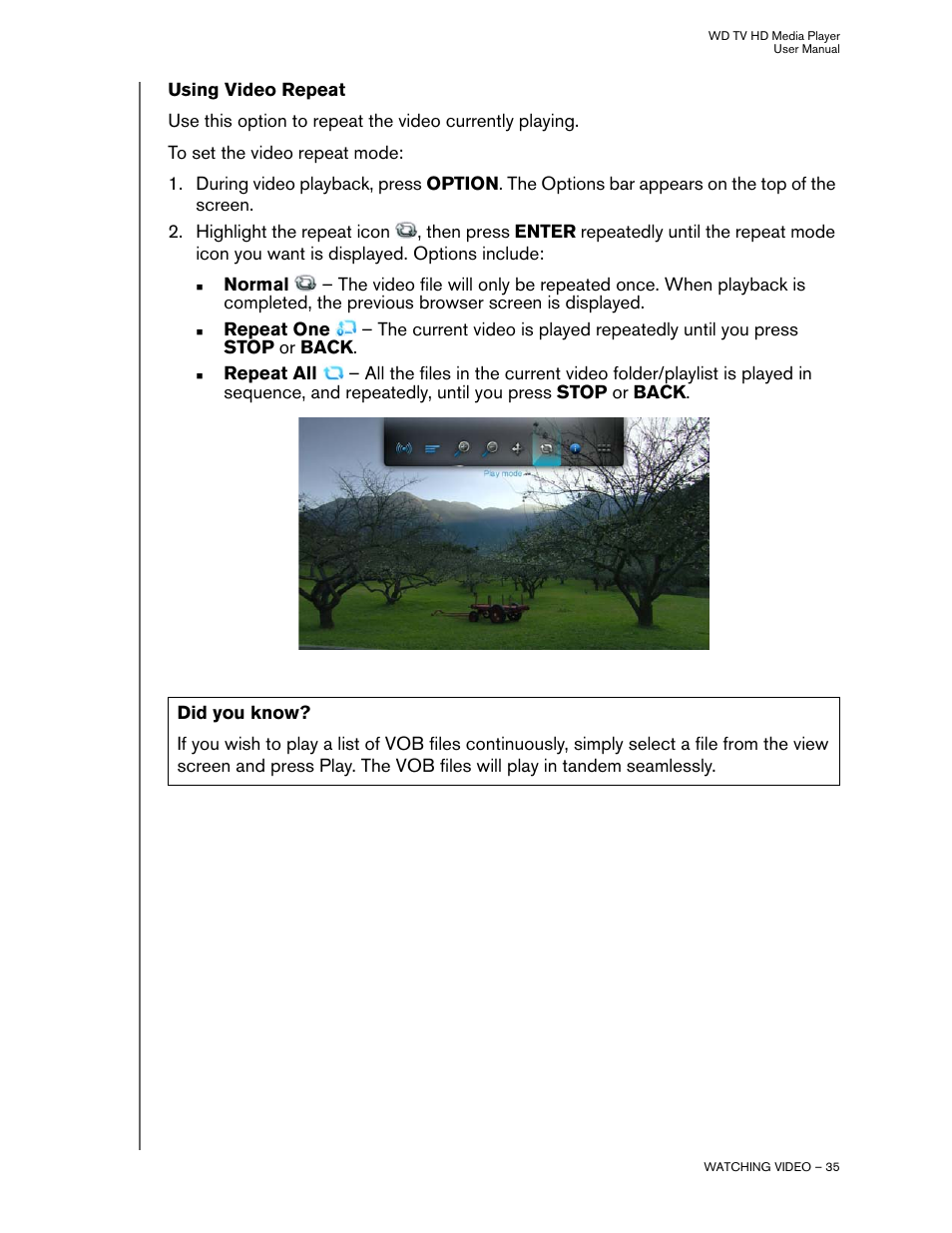 Using video repeat | Western Digital WD TV HD Media Player (Gen 2) User Manual User Manual | Page 38 / 92