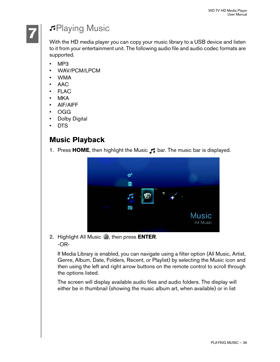 Playing music, Music playback | Western Digital WD TV HD Media Player (Gen 2) User Manual User Manual | Page 39 / 92