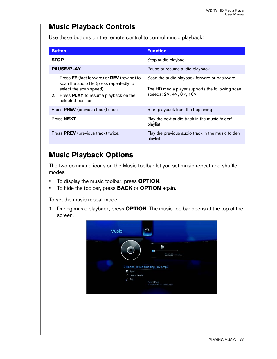 Music playback controls, Music playback options | Western Digital WD TV HD Media Player (Gen 2) User Manual User Manual | Page 41 / 92