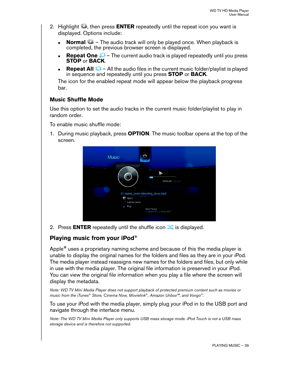 Music shuffle mode, Playing music from your ipod | Western Digital WD TV HD Media Player (Gen 2) User Manual User Manual | Page 42 / 92