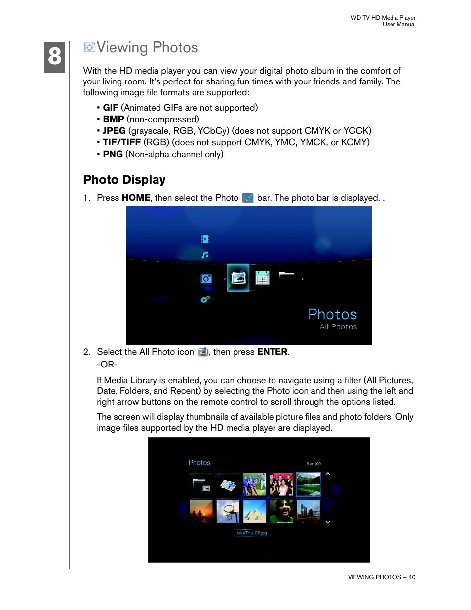 Viewing photos, Photo display | Western Digital WD TV HD Media Player (Gen 2) User Manual User Manual | Page 43 / 92
