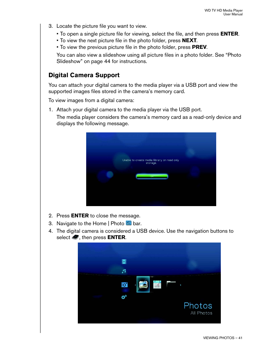 Digital camera support | Western Digital WD TV HD Media Player (Gen 2) User Manual User Manual | Page 44 / 92