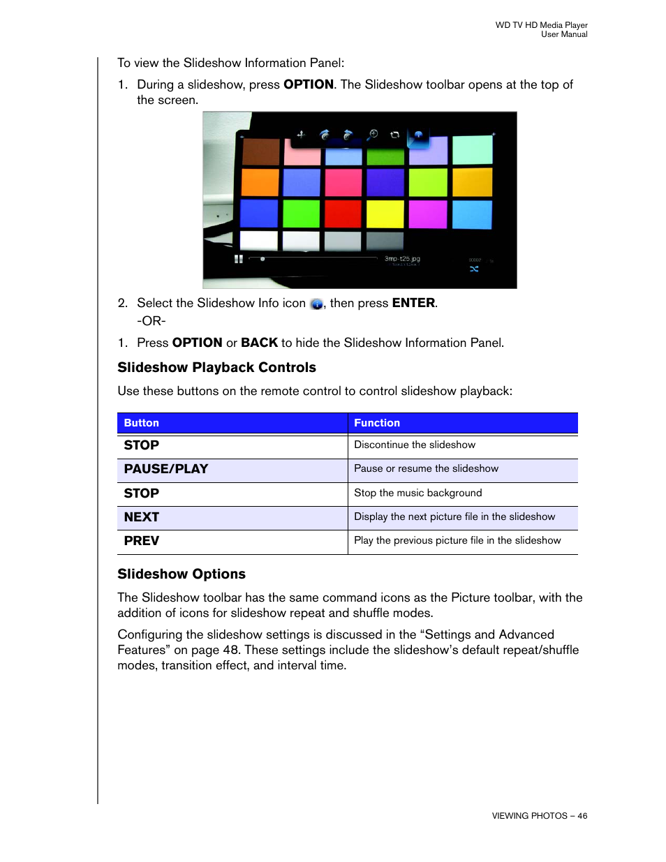 Slideshow playback controls, Slideshow options | Western Digital WD TV HD Media Player (Gen 2) User Manual User Manual | Page 49 / 92