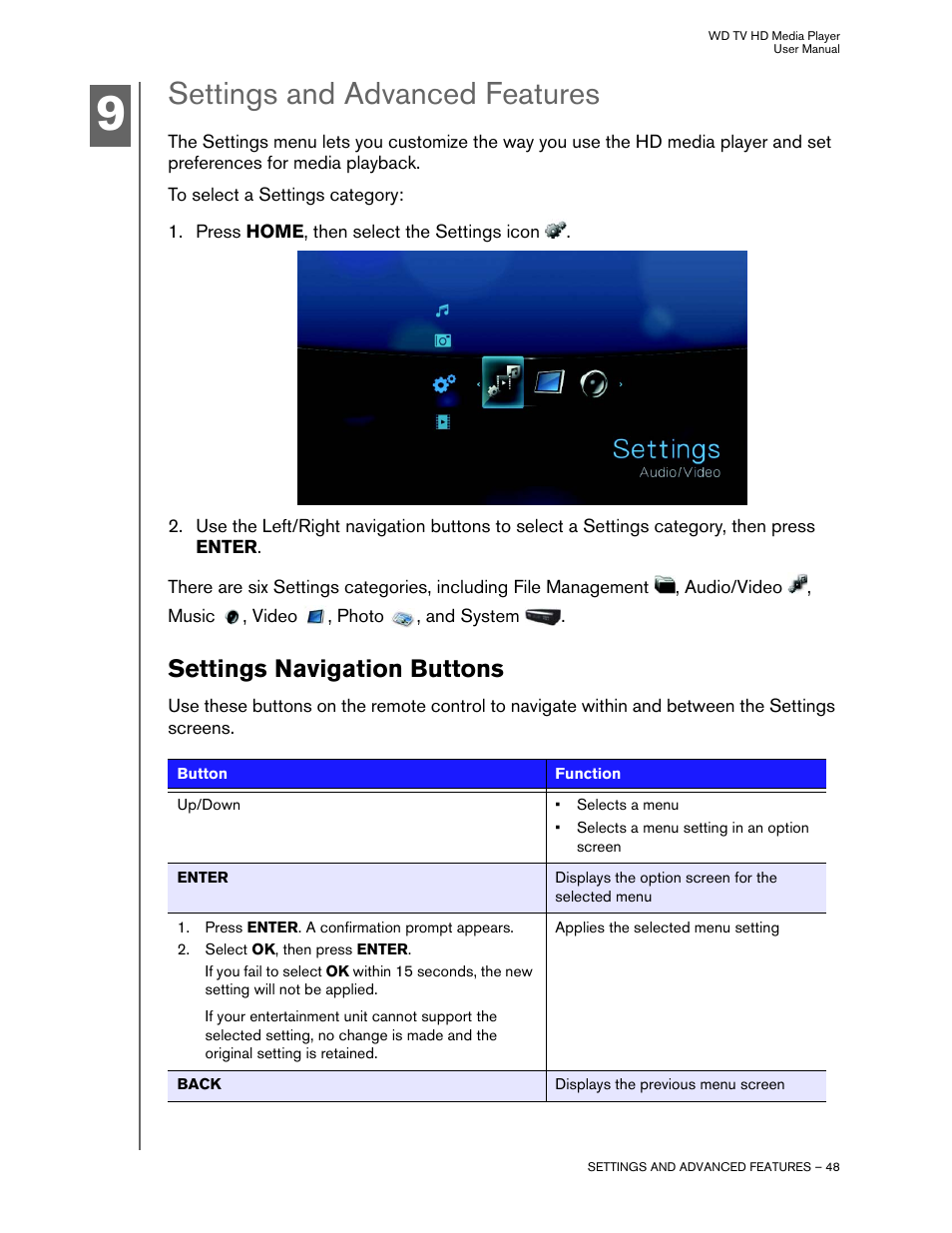 Settings and advanced features, Settings navigation buttons | Western Digital WD TV HD Media Player (Gen 2) User Manual User Manual | Page 51 / 92