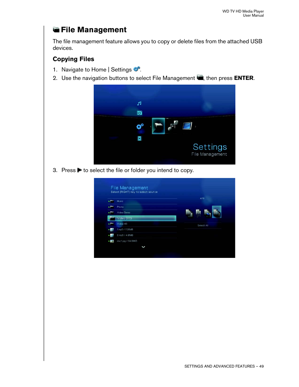 File management, Copying files | Western Digital WD TV HD Media Player (Gen 2) User Manual User Manual | Page 52 / 92