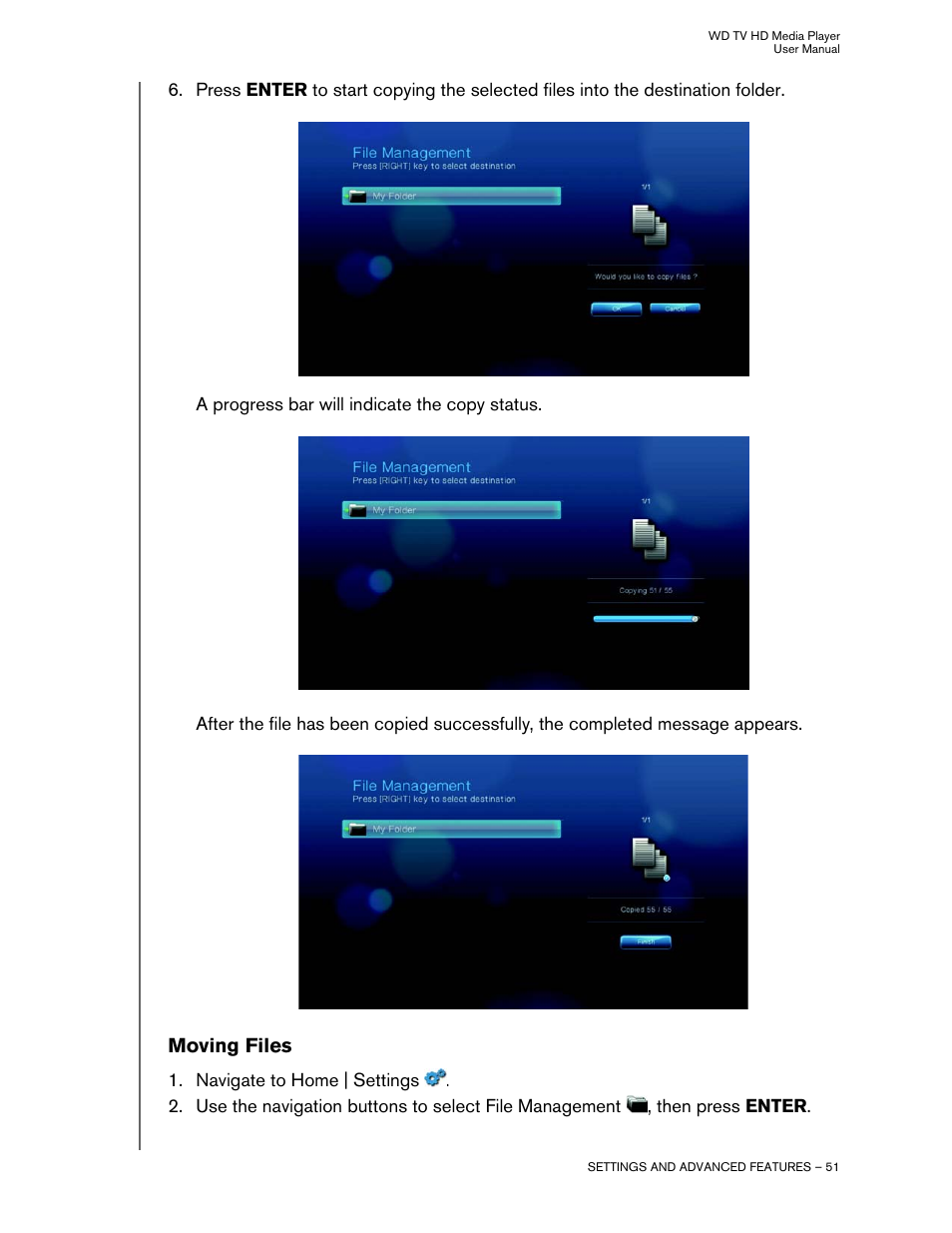 Moving files | Western Digital WD TV HD Media Player (Gen 2) User Manual User Manual | Page 54 / 92