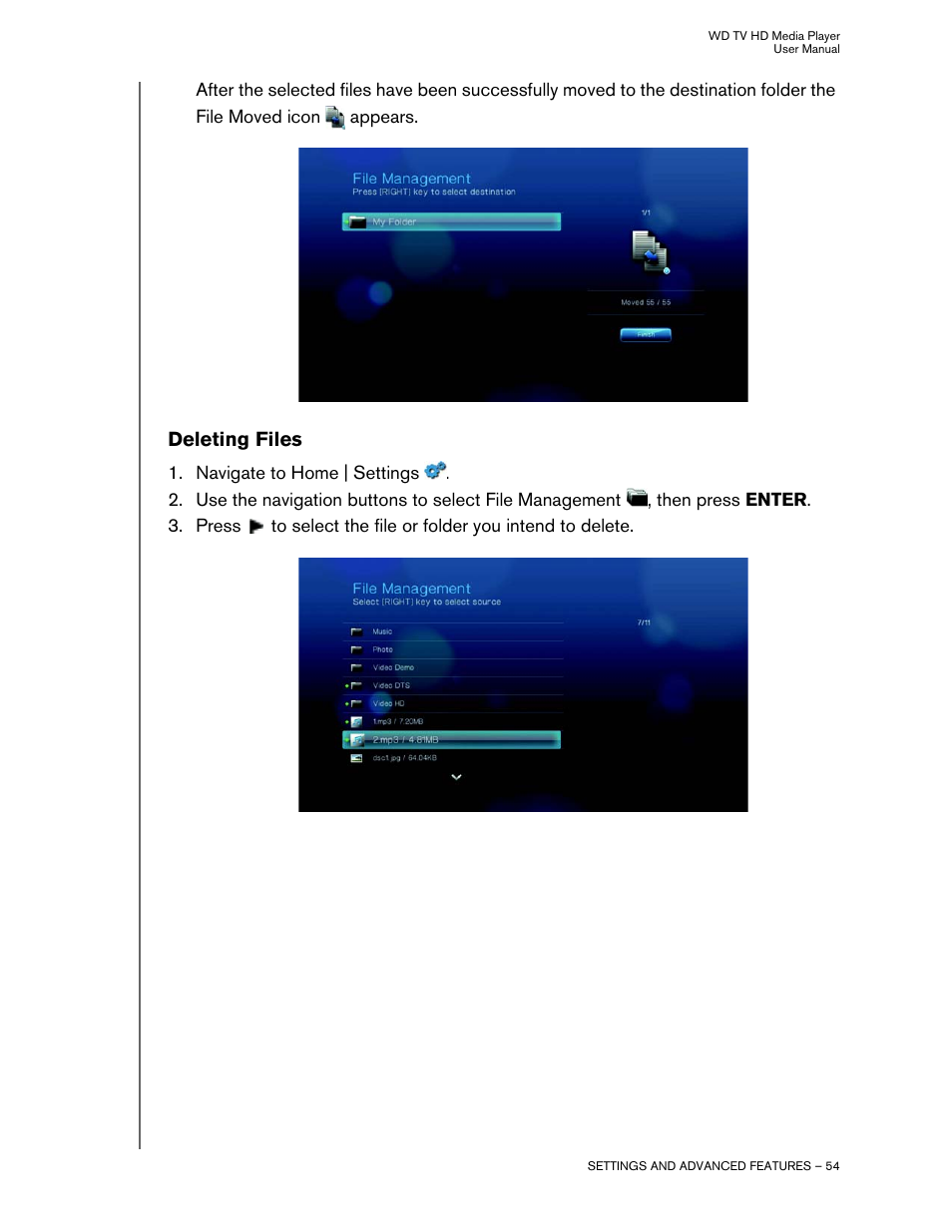 Deleting files | Western Digital WD TV HD Media Player (Gen 2) User Manual User Manual | Page 57 / 92