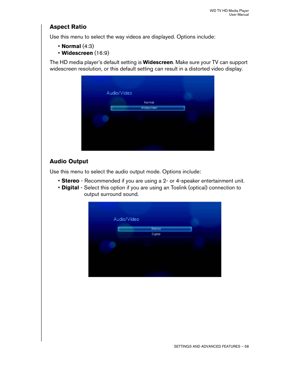 Aspect ratio, Audio output | Western Digital WD TV HD Media Player (Gen 2) User Manual User Manual | Page 61 / 92