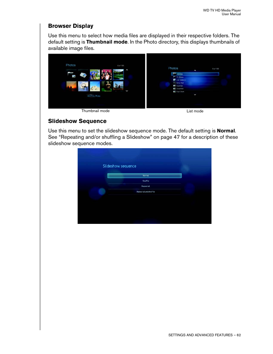 Browser display, Slideshow sequence | Western Digital WD TV HD Media Player (Gen 2) User Manual User Manual | Page 65 / 92