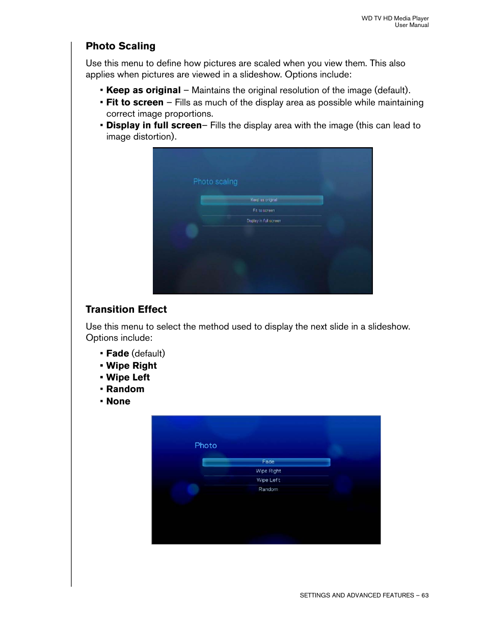 Photo scaling, Transition effect | Western Digital WD TV HD Media Player (Gen 2) User Manual User Manual | Page 66 / 92