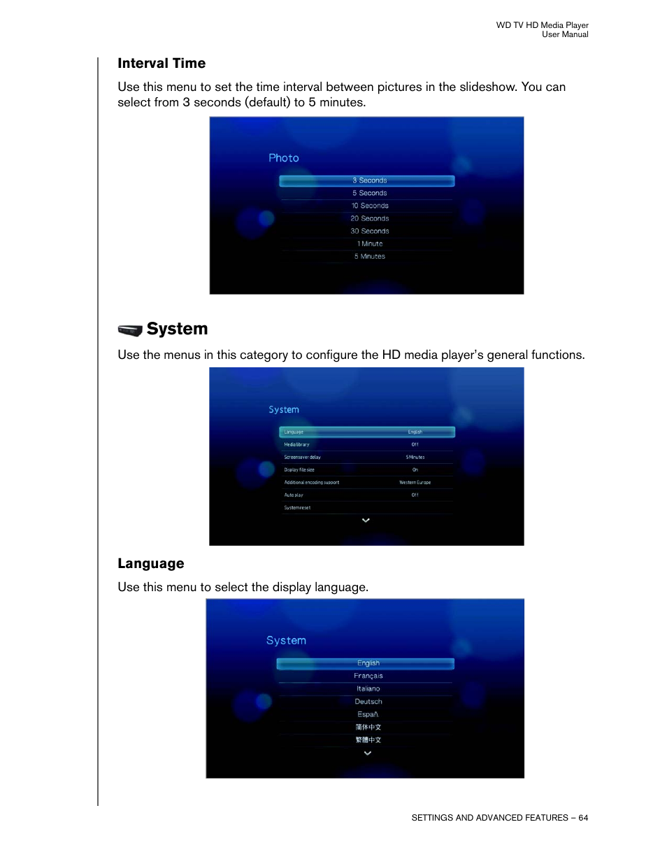 Interval time, System, Language | Western Digital WD TV HD Media Player (Gen 2) User Manual User Manual | Page 67 / 92