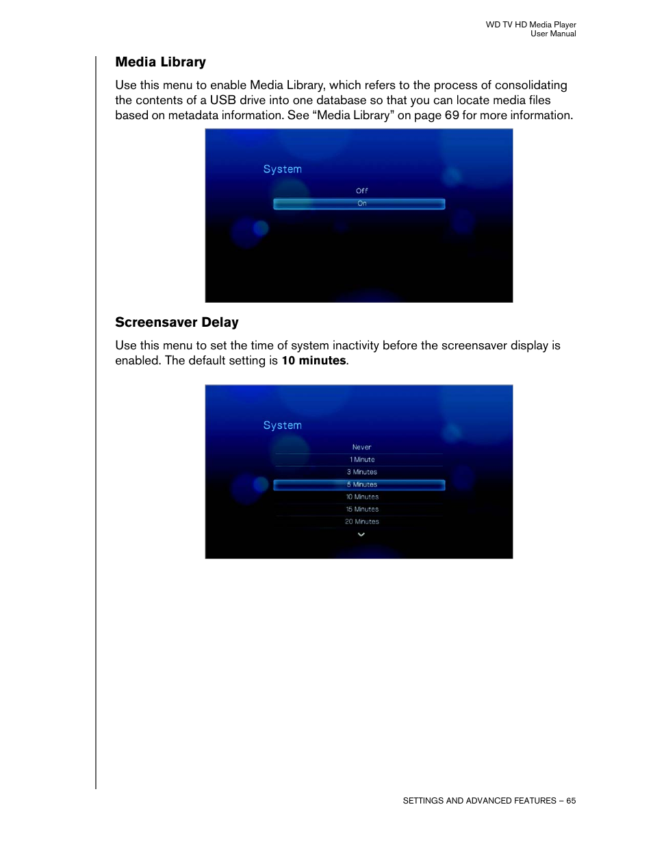 Media library, Screensaver delay | Western Digital WD TV HD Media Player (Gen 2) User Manual User Manual | Page 68 / 92