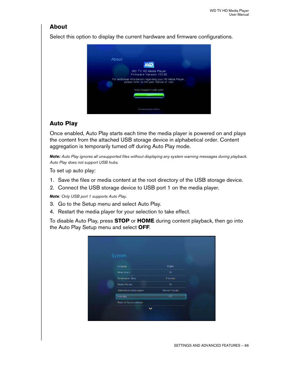 About, Auto play | Western Digital WD TV HD Media Player (Gen 2) User Manual User Manual | Page 69 / 92
