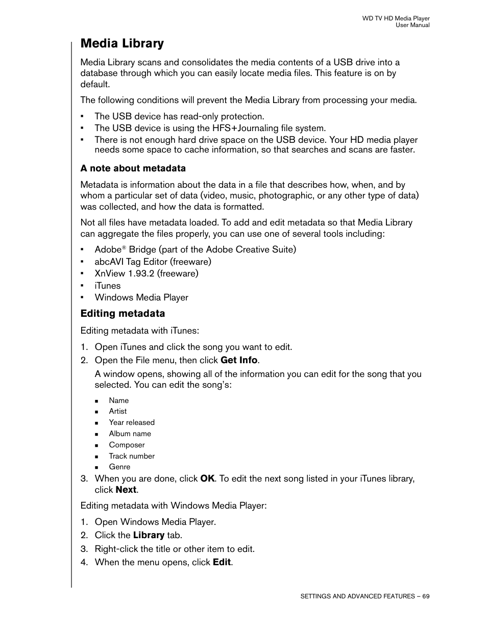 Media library, A note about metadata, Editing metadata | Western Digital WD TV HD Media Player (Gen 2) User Manual User Manual | Page 72 / 92