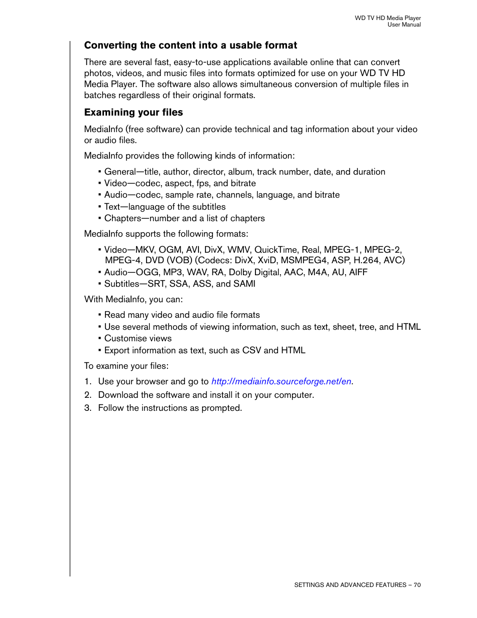 Converting the content into a usable format, Examining your files | Western Digital WD TV HD Media Player (Gen 2) User Manual User Manual | Page 73 / 92