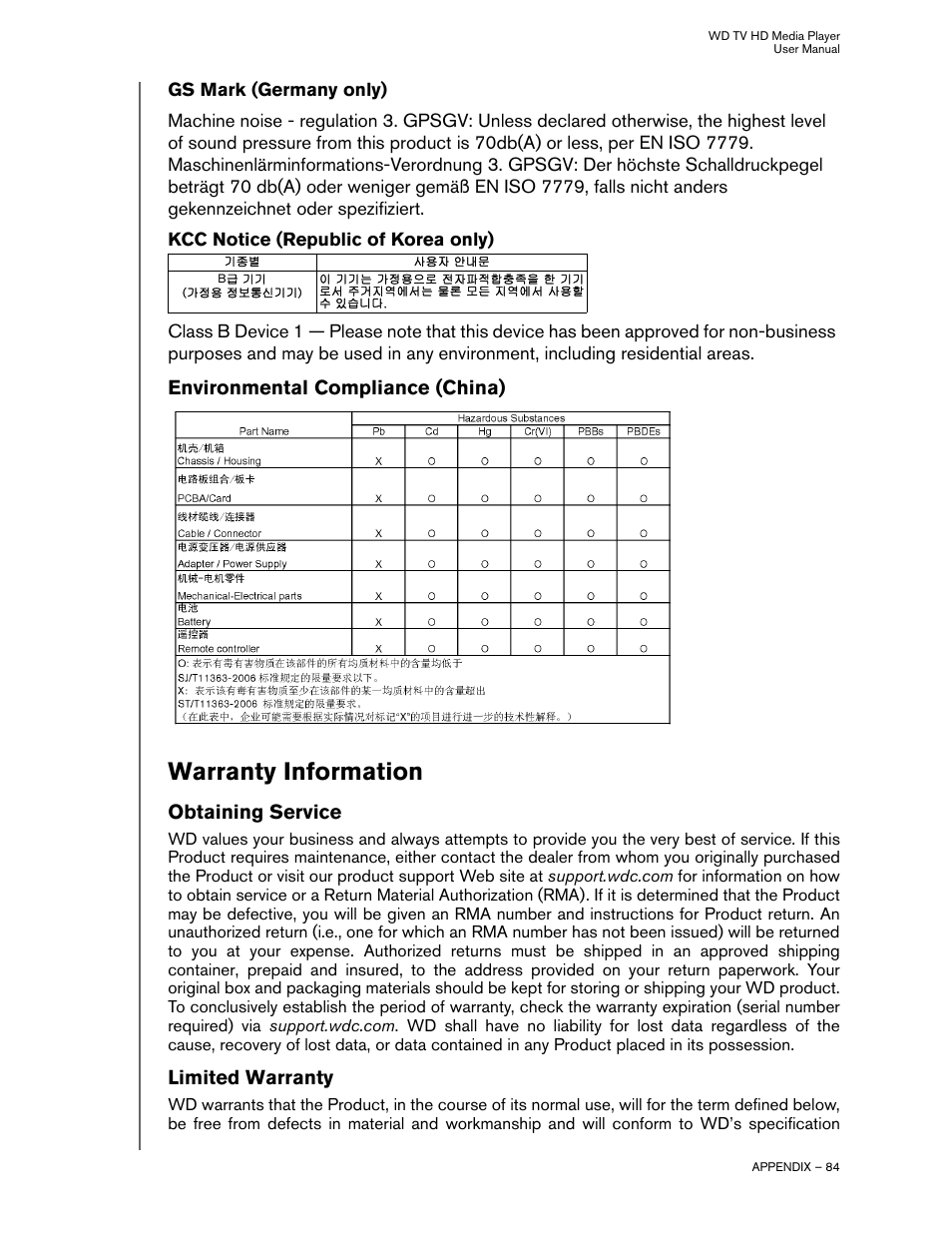 Environmental compliance (china), Warranty information, Obtaining service | Limited warranty | Western Digital WD TV HD Media Player (Gen 2) User Manual User Manual | Page 87 / 92