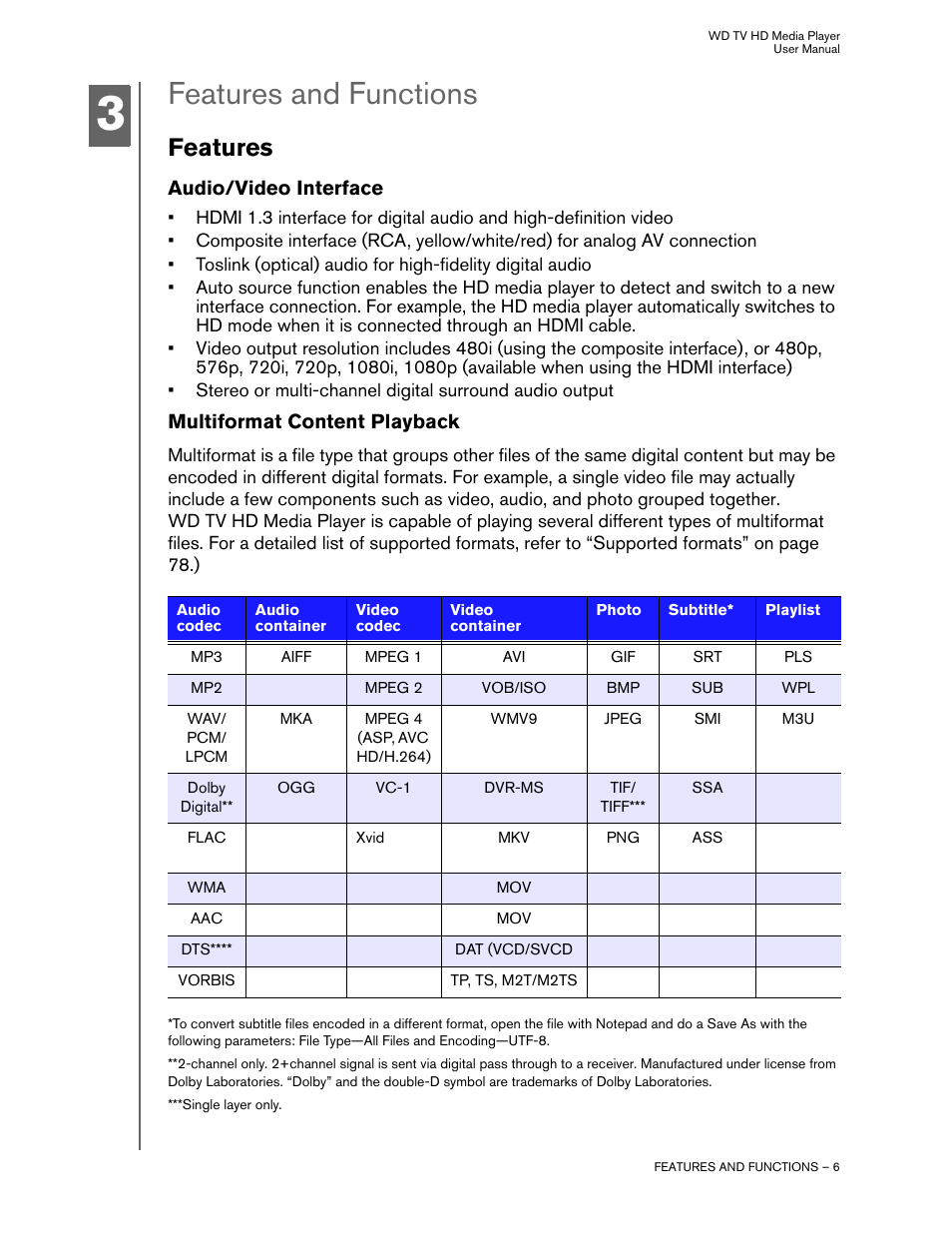 Features and functions, Features, Audio/video interface | Multiformat content playback | Western Digital WD TV HD Media Player (Gen 2) User Manual User Manual | Page 9 / 92