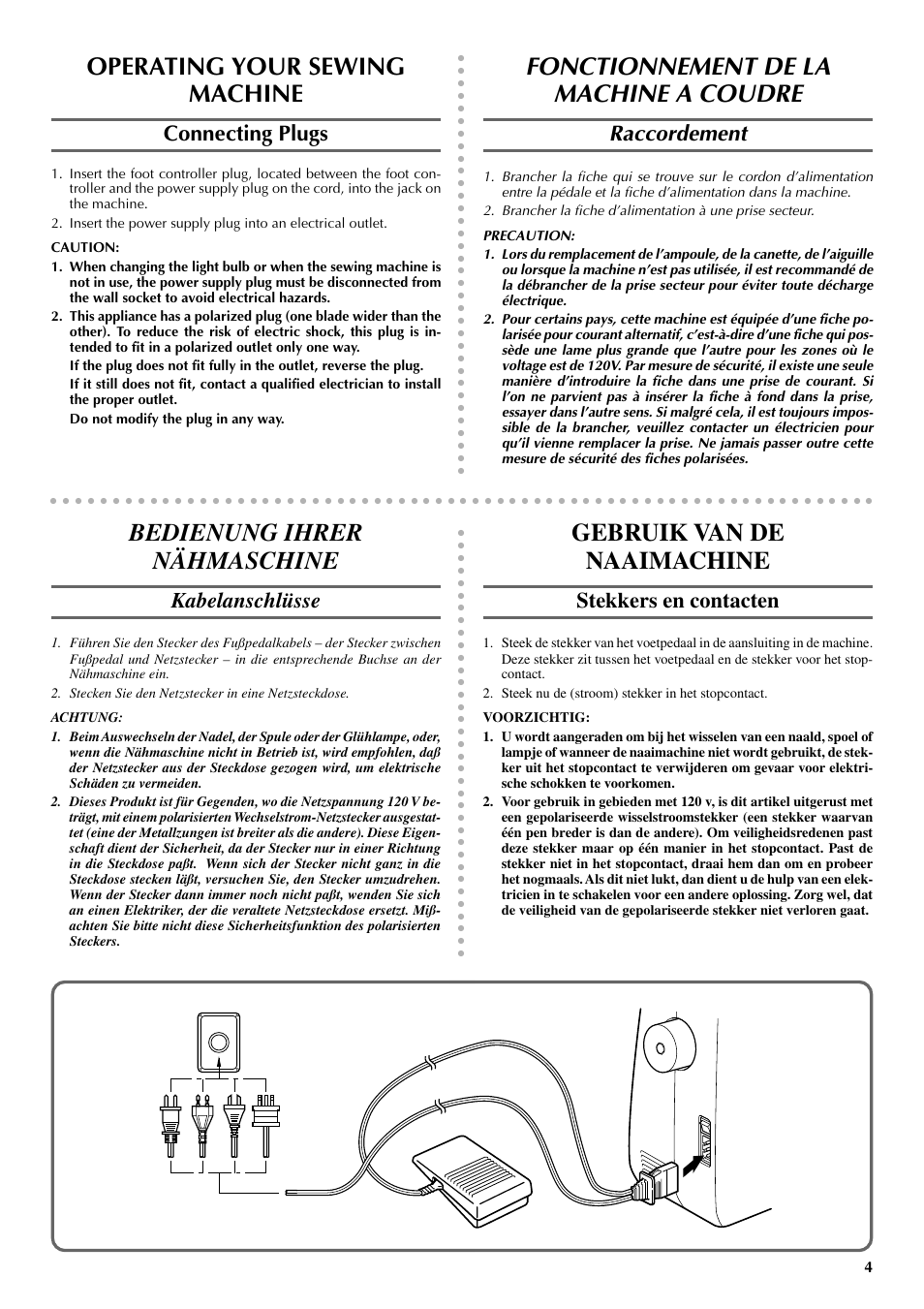 Fonctionnement de la machine a coudre, Operating your sewing machine, Bedienung ihrer nähmaschine | Gebruik van de naaimachine, Connecting plugs, Raccordement, Kabelanschlüsse, Stekkers en contacten | Brother VX 1400 User Manual | Page 11 / 65