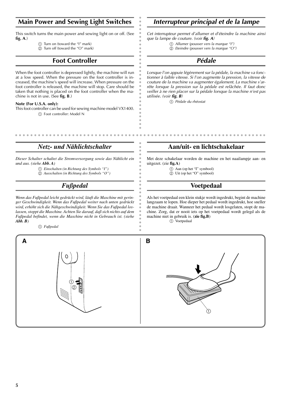 Main power and sewing light switches, Foot controller, Interrupteur principal et de la lampe | Pédale, Aan/uit- en lichtschakelaar, Voetpedaal, Netz- und nählichtschalter, Fußpedal | Brother VX 1400 User Manual | Page 12 / 65