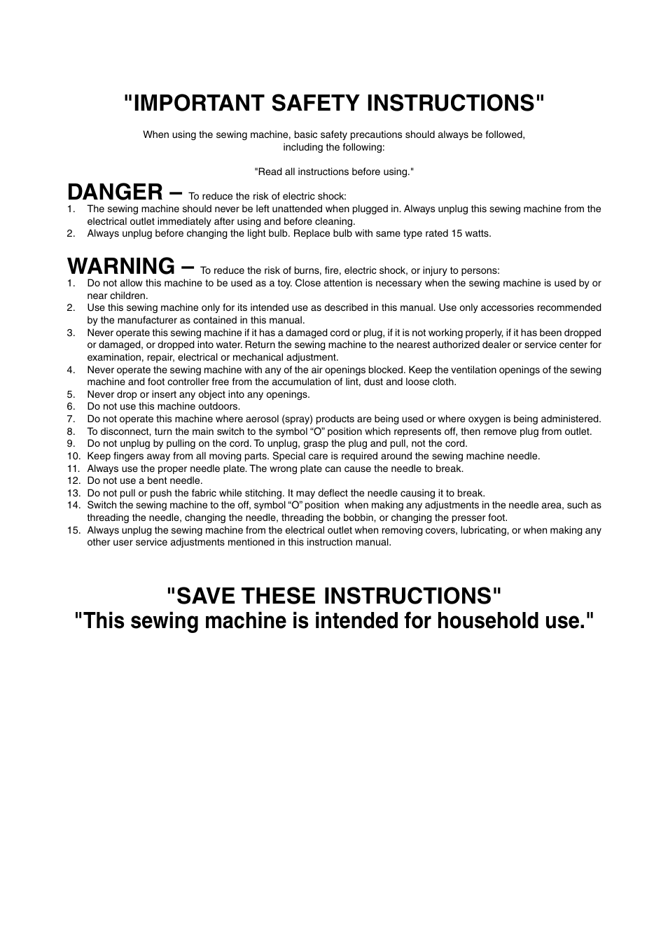 Important safety instructions, Danger, Warning | Brother VX 1400 User Manual | Page 2 / 65