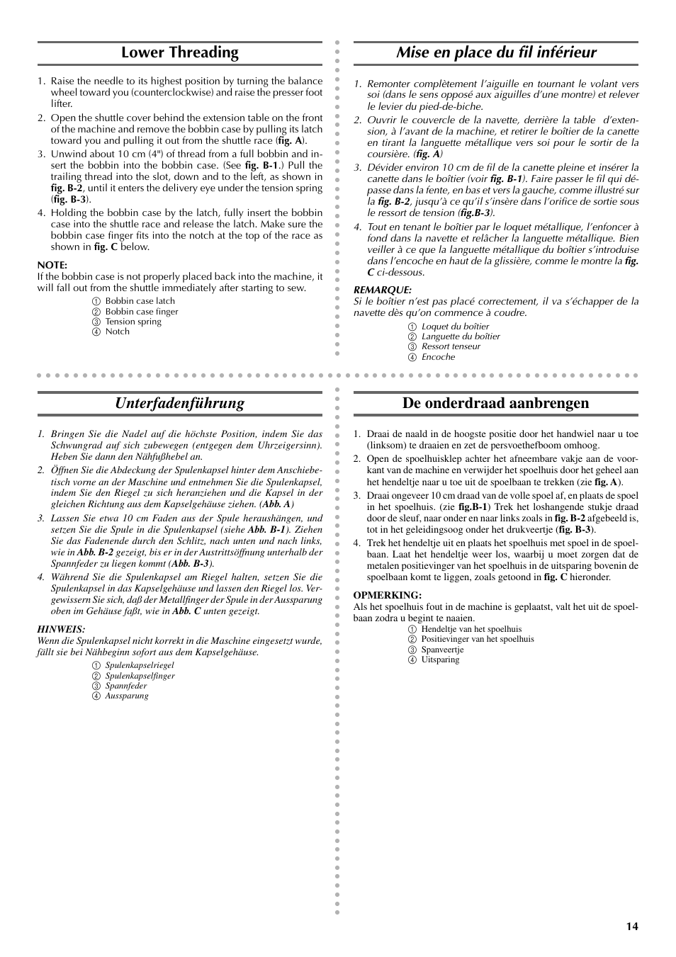 Lower threading, Mise en place du fil inférieur, Unterfadenführung | De onderdraad aanbrengen | Brother VX 1400 User Manual | Page 21 / 65