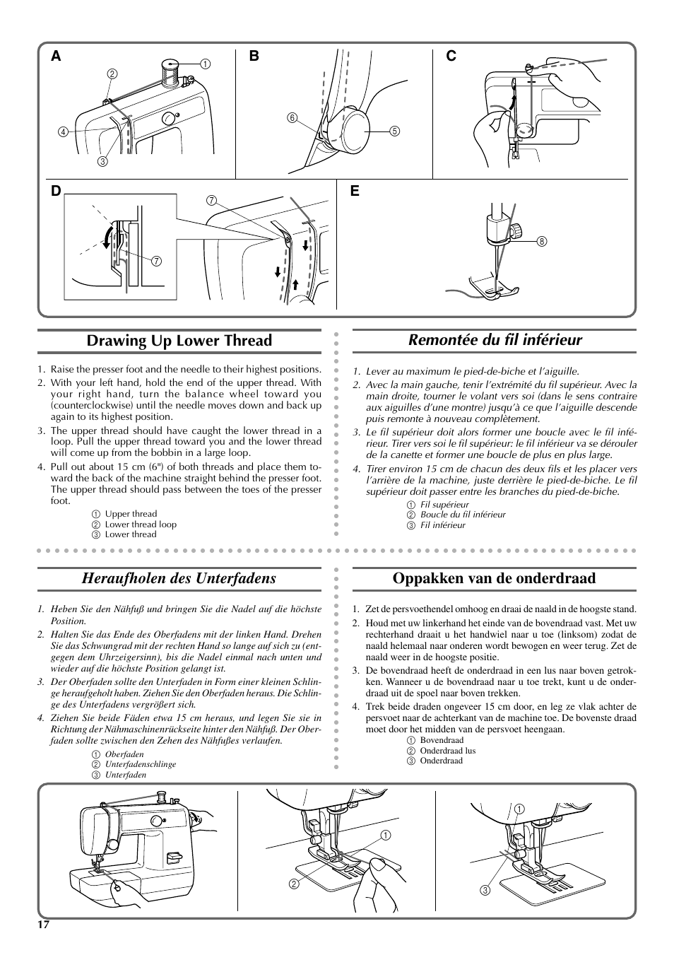 Drawing up lower thread, Remontée du fil inférieur, Heraufholen des unterfadens | Oppakken van de onderdraad, De a b c | Brother VX 1400 User Manual | Page 24 / 65
