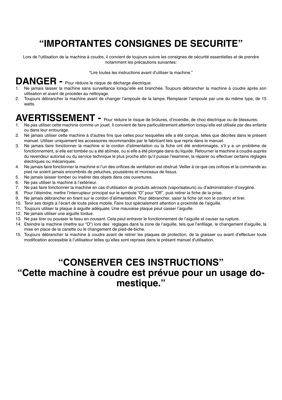 Importantes consignes de securite, Danger, Avertissement | Brother VX 1400 User Manual | Page 3 / 65