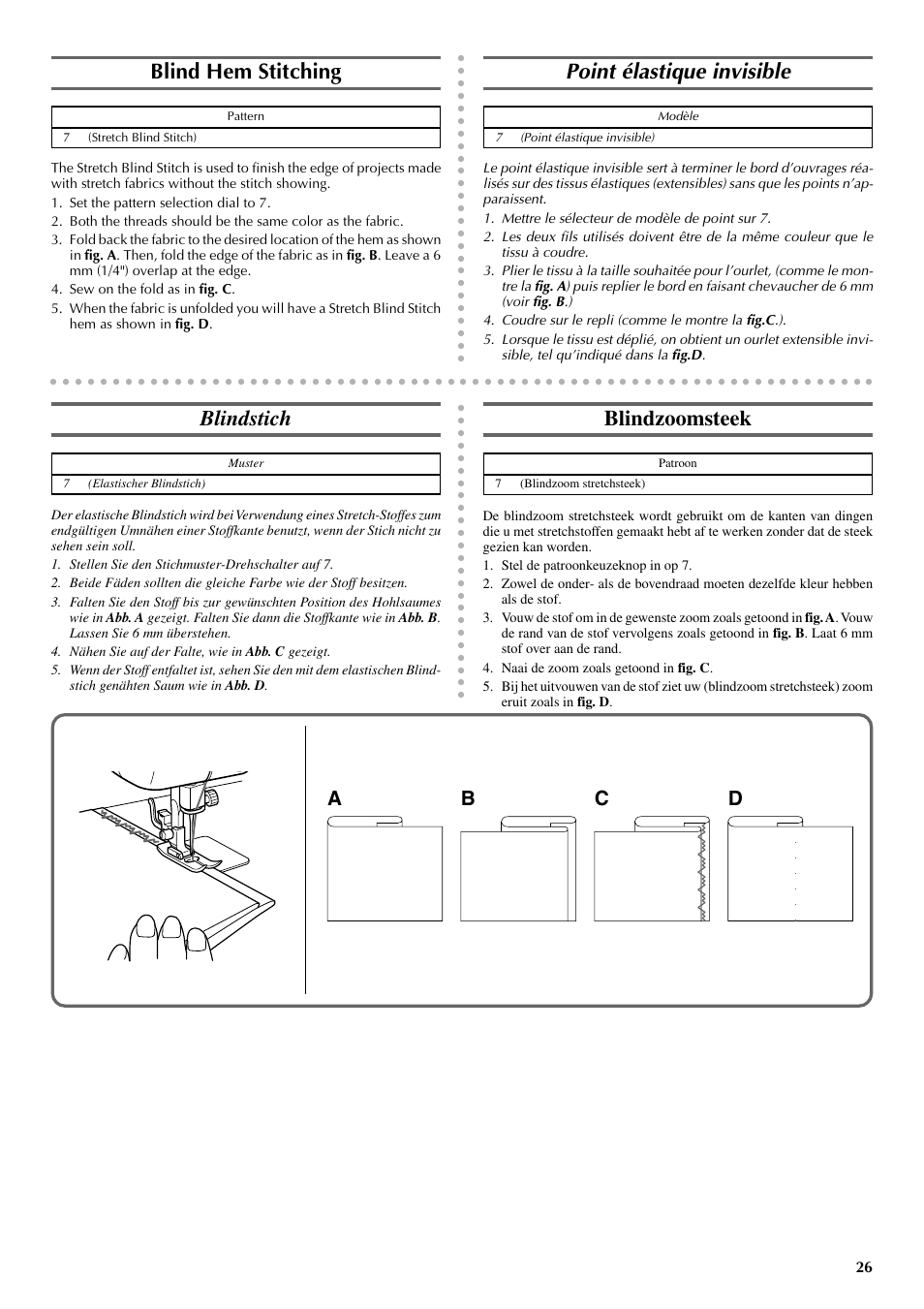 Blind hem stitching, Point élastique invisible, Blindstich | Blindzoomsteek, Ab c d | Brother VX 1400 User Manual | Page 33 / 65