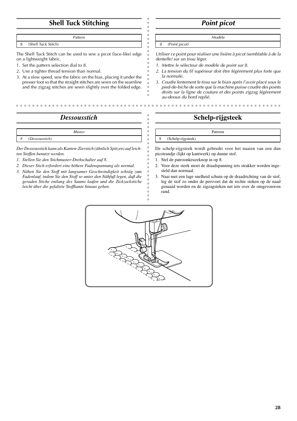 Shell tuck stitching, Point picot, Dessousstich | Schelp-rijgsteek | Brother VX 1400 User Manual | Page 35 / 65