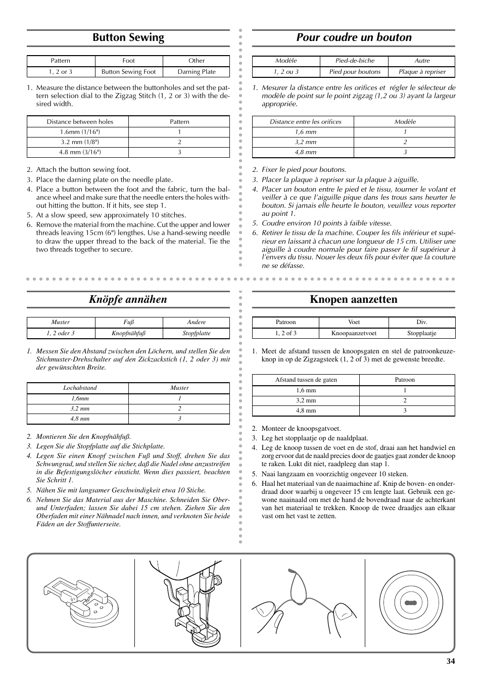 Button sewing, Pour coudre un bouton, Knöpfe annähen | Knopen aanzetten | Brother VX 1400 User Manual | Page 41 / 65