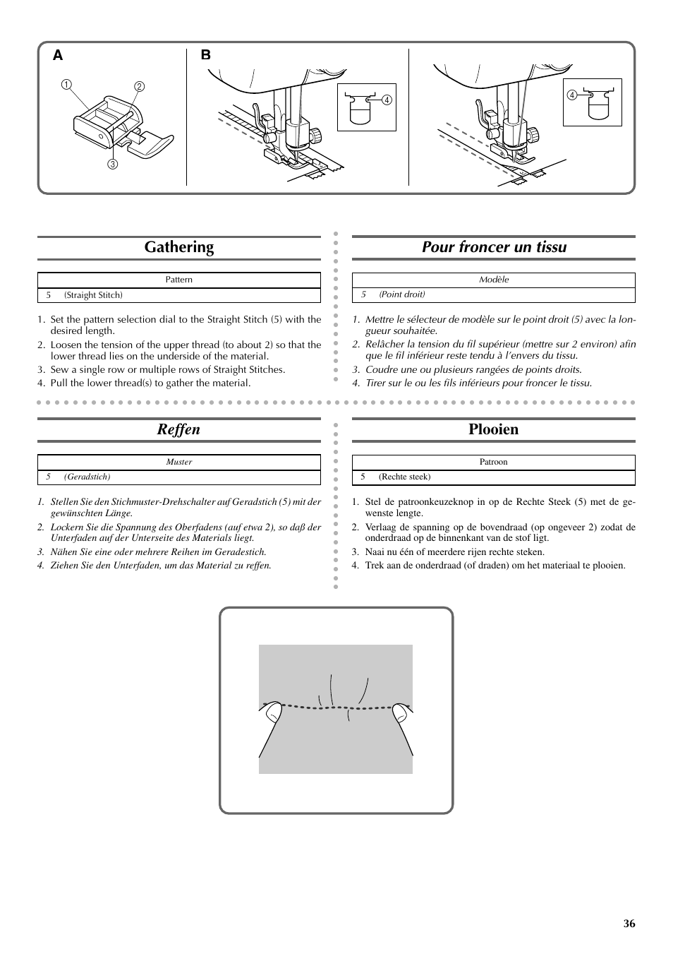 Gathering, Pour froncer un tissu, Reffen | Plooien | Brother VX 1400 User Manual | Page 43 / 65