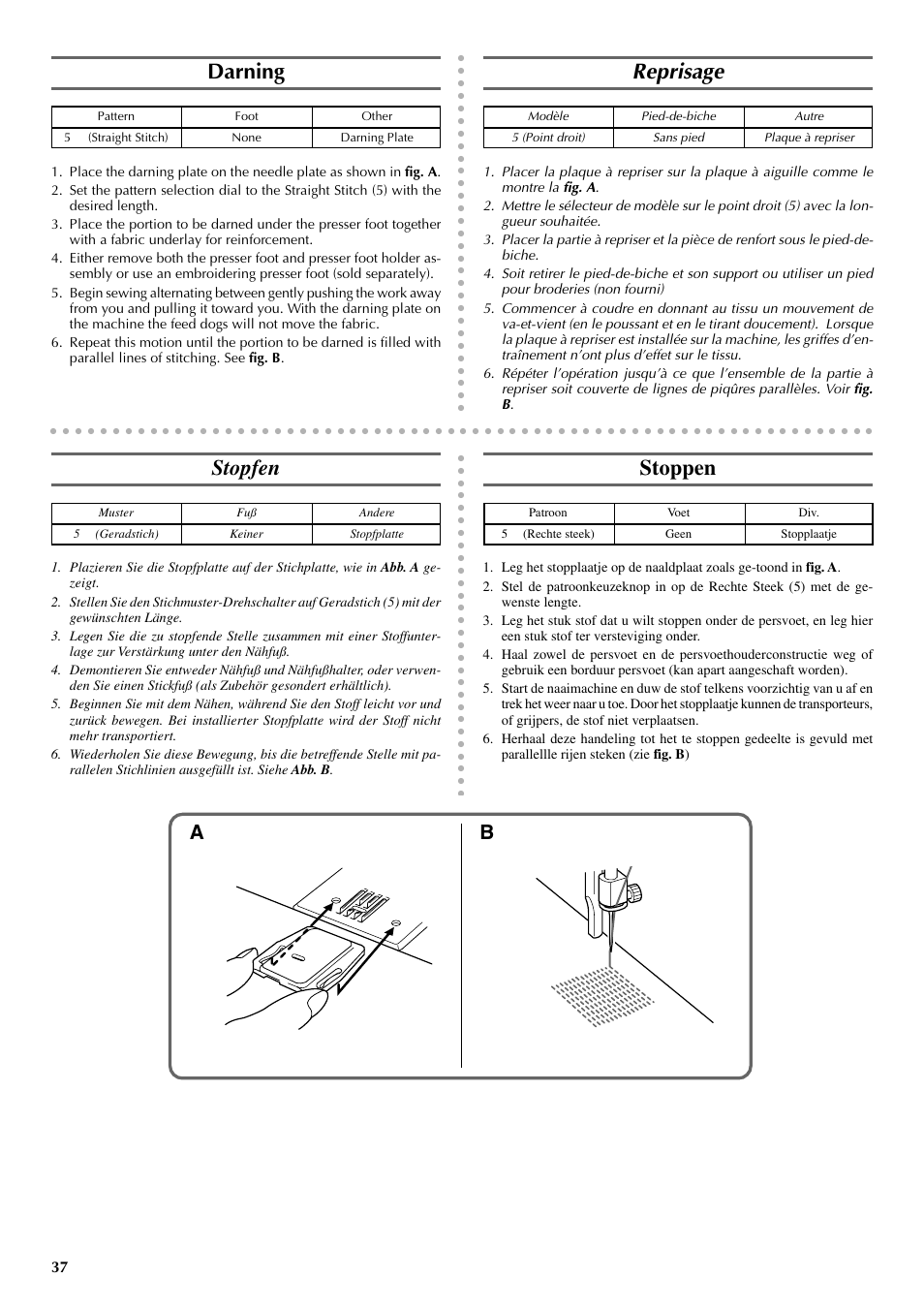 Darning, Reprisage, Stopfen | Stoppen | Brother VX 1400 User Manual | Page 44 / 65