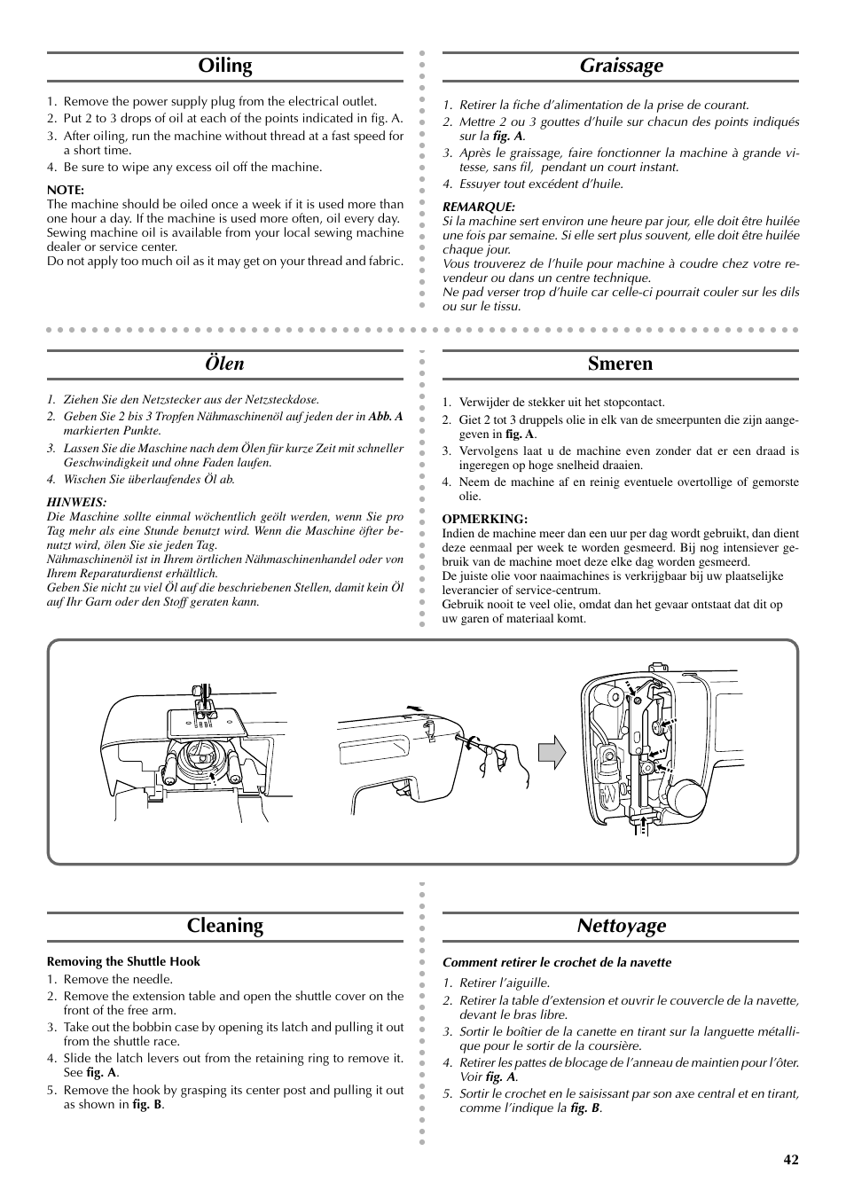 Oiling, Graissage, Ölen | Smeren, Nettoyage, Cleaning | Brother VX 1400 User Manual | Page 49 / 65